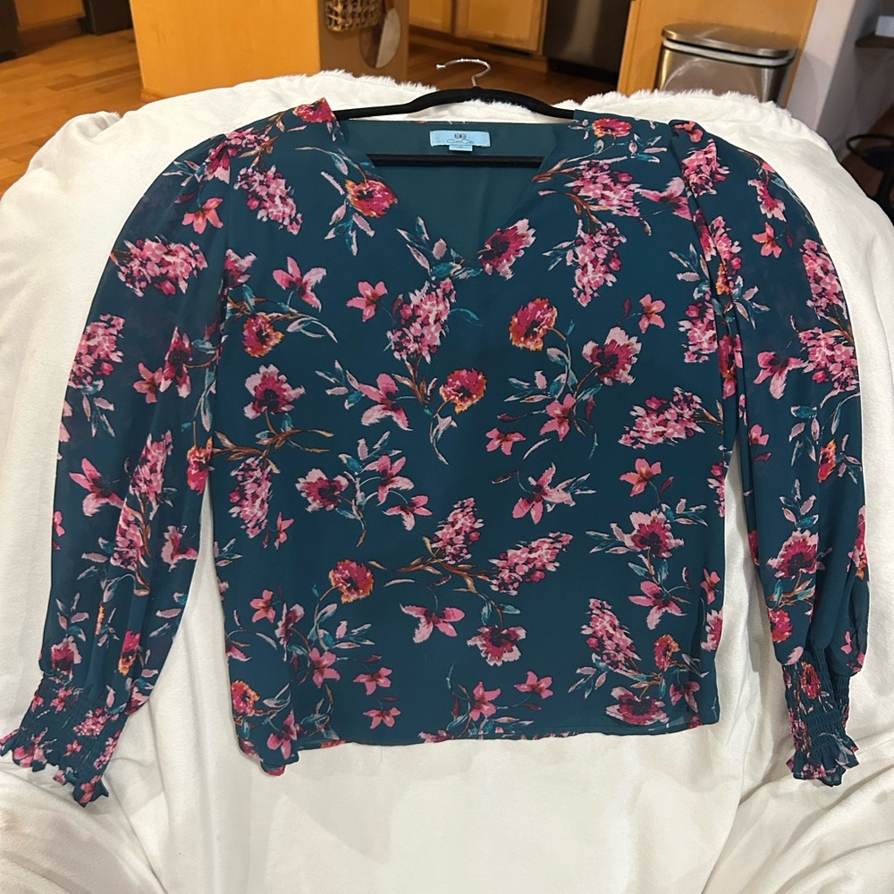 CeCe Teal and Pink Floral Blouse